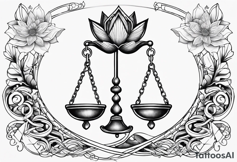Treble key with lotus flower entangled in a scale of justice tattoo idea