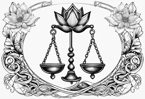 Treble key with lotus flower entangled in a scale of justice tattoo idea