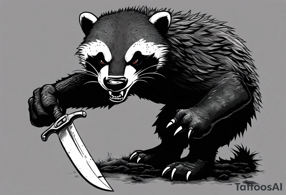 Draw me psychopath Honey Badger/Berserker with aggressive full body, killer face with a scary smile, very long nails and he attacks like a Bloody Assassin/Warrior/Gladiator to us and also, he has very deadly looking. He fights with his nails only. Everybody scares after their first sight. Give me horror type Badger Tattoo. I want to see his Realistic full body with no weapons. You can show destruction at the back. tattoo idea