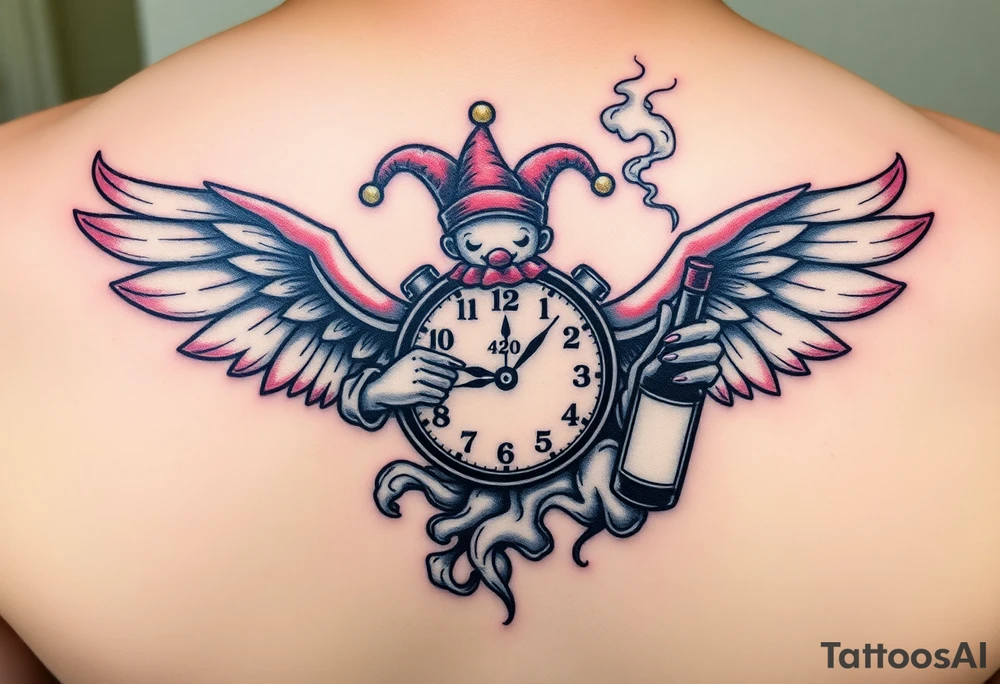 a jester clown floating in smoke with a  clock, the time says 420,  with two open wings besides the clock, smoke as the spring rising from the clock, a jester clown coming out the smoke, smoking in one hand with a liquor bottle on the other hand tattoo idea