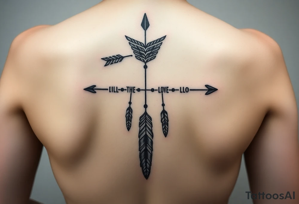 Thin spinal tattoo following down the spine in a native style with multiple different lengths flowing lines made of a discreet connection of morse code ".--- .- --.     .-.. ... -.- .- .-.   -.. .. --.     .-.. .. .-.. .-.. . -... .-. --- .-. forming an arrow connected to flowing feathers hanging from the morse code lines tattoo idea