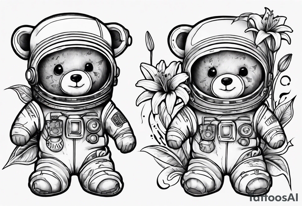 Teddy bear astronaut holding Lily tattoo idea
