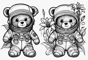 Teddy bear astronaut holding Lily tattoo idea