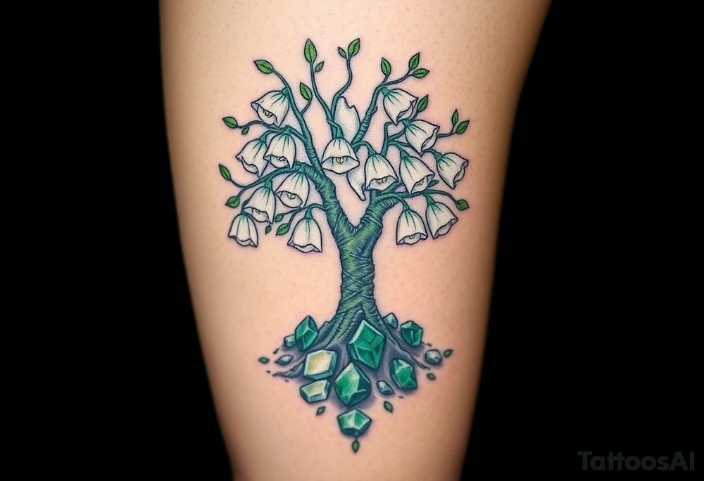 White Lilly of the vally bells growing around a blooming hawthorn  tree with emerald stones emerging from the ground tattoo idea