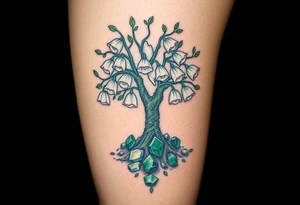 White Lilly of the vally bells growing around a blooming hawthorn  tree with emerald stones emerging from the ground tattoo idea