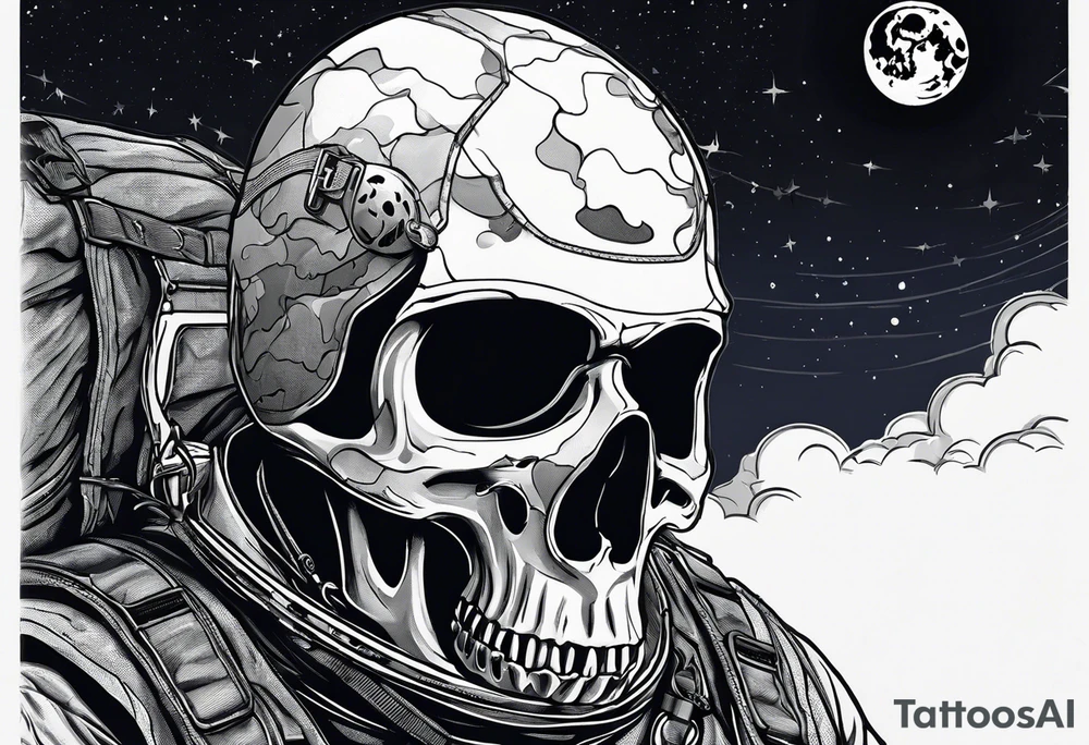 Parachutist under canopy in front of a full moon. The moon looks like a skull tattoo idea