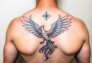 Side arm tattoo with the phoenix rising from the ashes linked with libra sign and based on discipline and the help of God.Geometric and abstract style tattoo idea