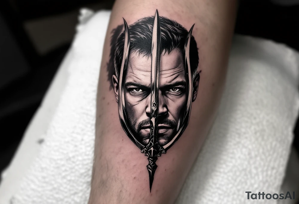 close-up Dexter Morgan face behind a trident tattoo idea