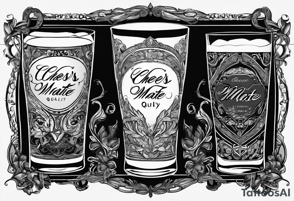 "Cheers Mate" writing black and grey ink armband, intricate, artistic +abstract +grey Cancer Ribbon +toasting bourbon glass tattoo idea