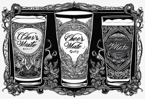 "Cheers Mate" writing black and grey ink armband, intricate, artistic +abstract +grey Cancer Ribbon +toasting bourbon glass tattoo idea