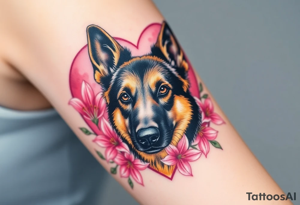 elegant looking german shepherd dog with pink lily flowers in front of sacred heart tattoo idea