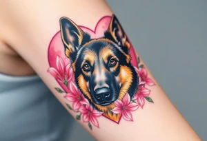 elegant looking german shepherd dog with pink lily flowers in front of sacred heart tattoo idea