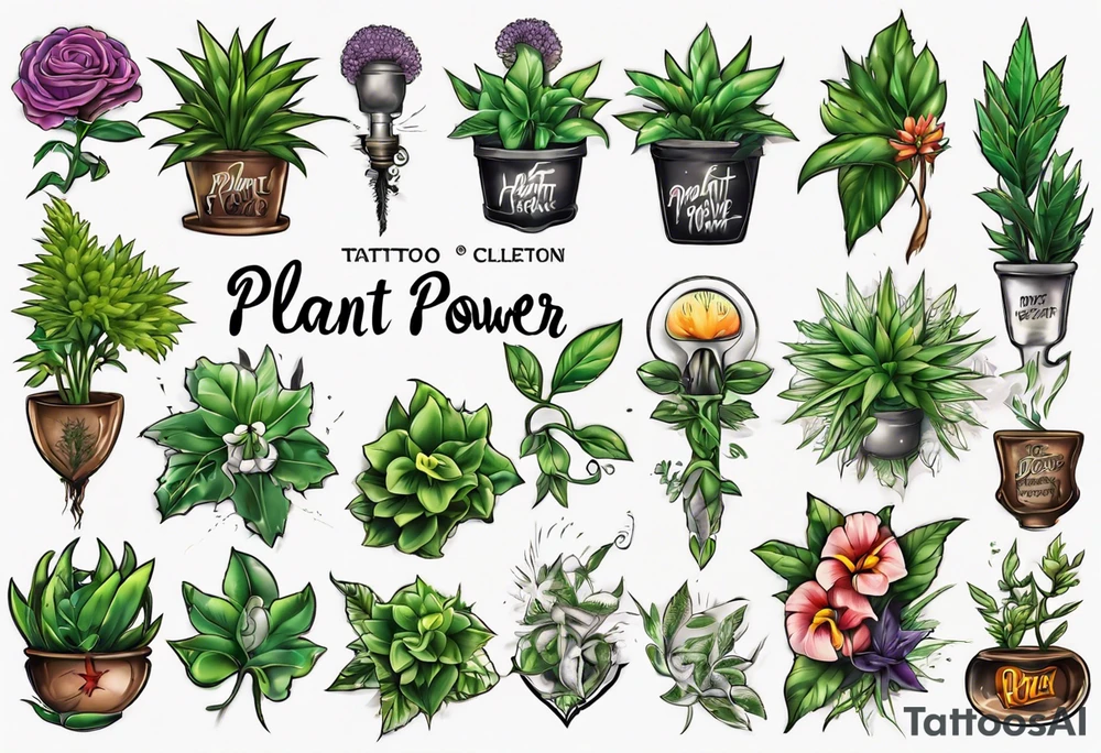 Words “Plant Power” with plants tattoo idea