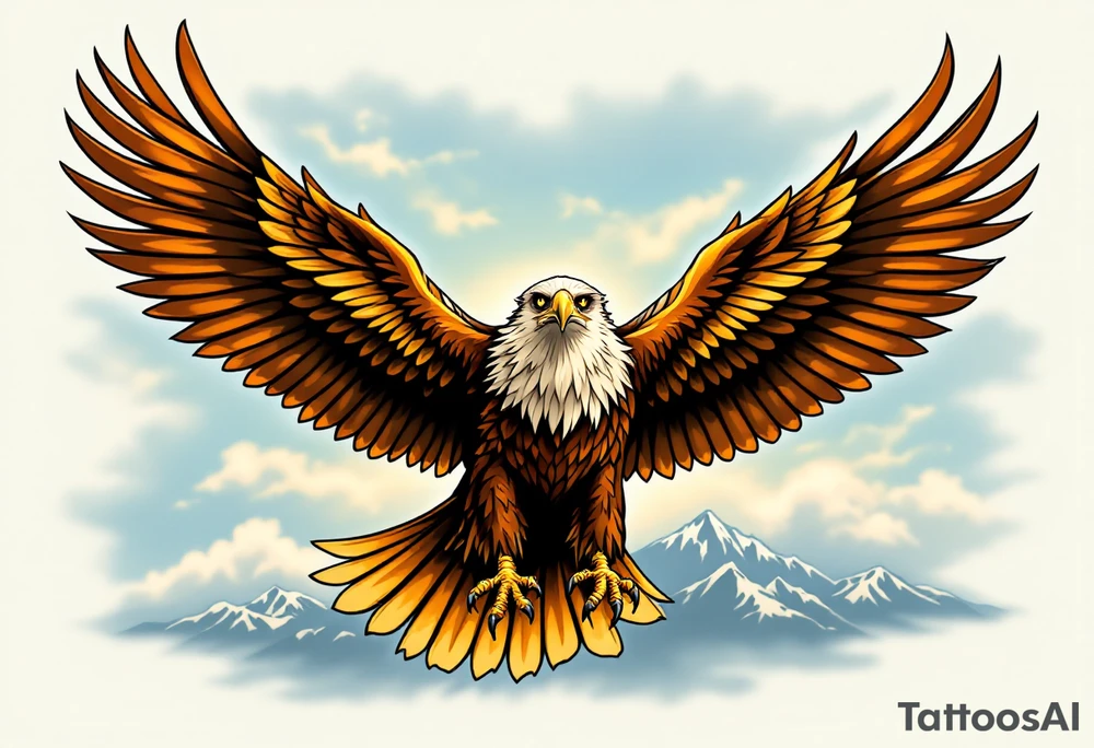 A majestic eagle in flight with wings spread wide, its feathers detailed in shades of deep brown, gold, and cream. The eagle’s sharp, focused eyes are outlined in black, with subtle accents of amber to create an intense gaze. The feathers on the wings have gradients of dark brown at the tips, transitioning to lighter golden hues towards the body. The background features a soft blue sky with wisps of clouds, adding a sense of movement and freedom. The eagle’s talons are outstretched, ready to grasp, with a slight glow around them, symbolizing power and dominance. A faint outline of a mountain range can be seen beneath the eagle, representing strength and resilience. tattoo idea