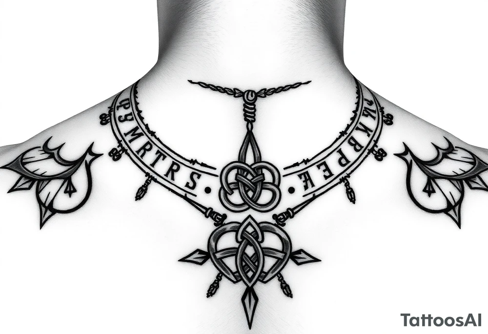create a asatru norse choker necklace for a neck tattoo on a female with the runes love and protection and self love in it and a nordic knot in the middle tattoo idea