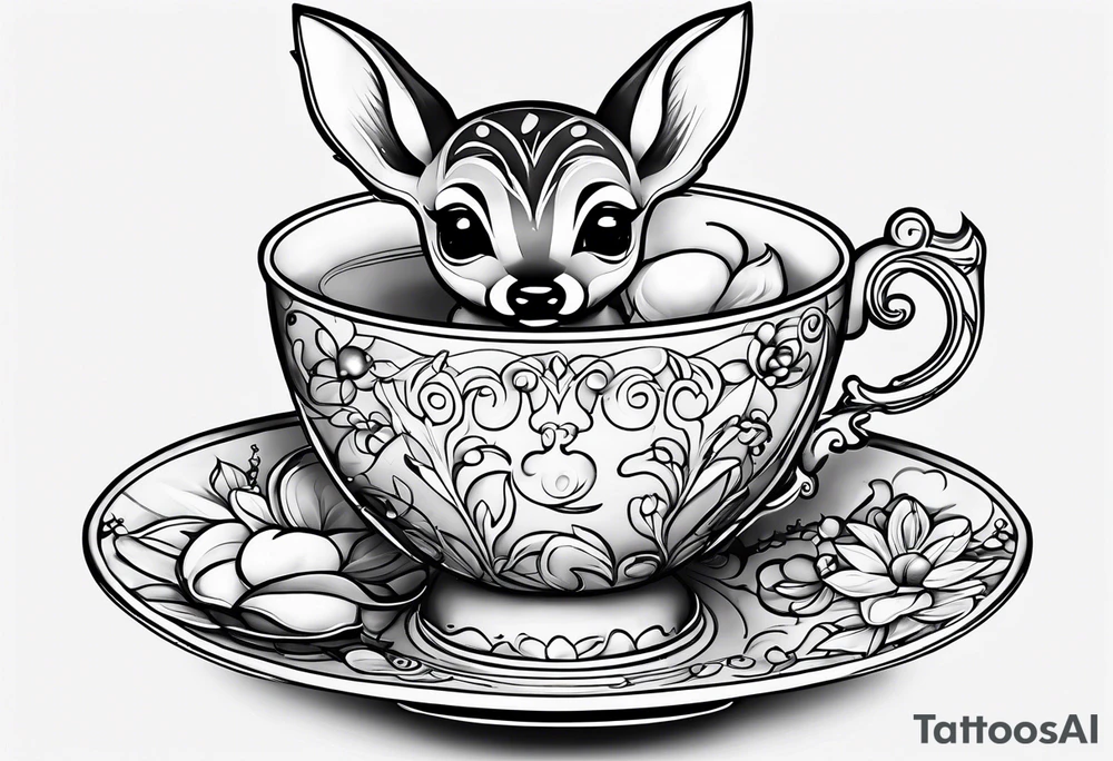 simple line art fawn inside a teacup tattoo idea