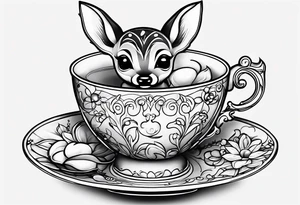 simple line art fawn inside a teacup tattoo idea