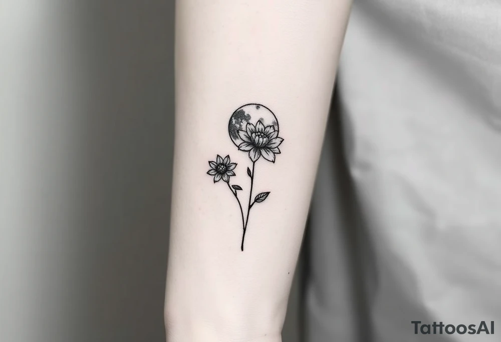 Small black ink minimalist tattoo with full moon, small chrysanthemum and tiny scorpio gliph tattoo idea