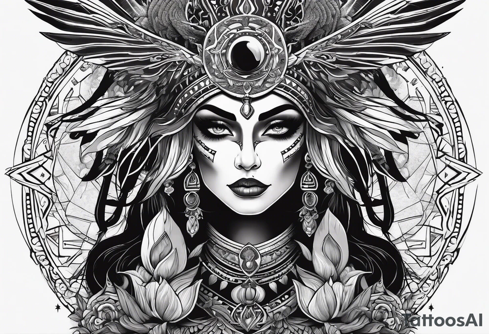 black kali, goddess pirate, alien, pachamama, valkrye, warrior, skull, lotus azul, wing, eagle, zenza resonance, stars, 5D tattoo idea