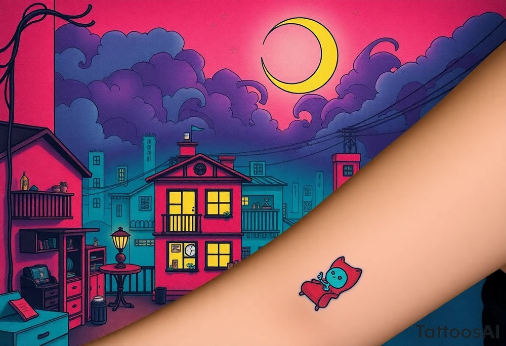 Tim Burton’s haunted pastel Tokyo apartment and dripping with muted reds, dusty pinks, and eerie green glow.purple and cyan smokey clouds swirl in the crescent moonlit sky thats sprinkled with stars tattoo idea tattoo idea
