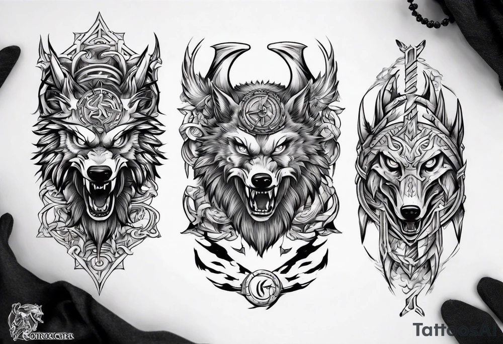 Upper arm sleeve with Odin and Fenrir tattoo idea