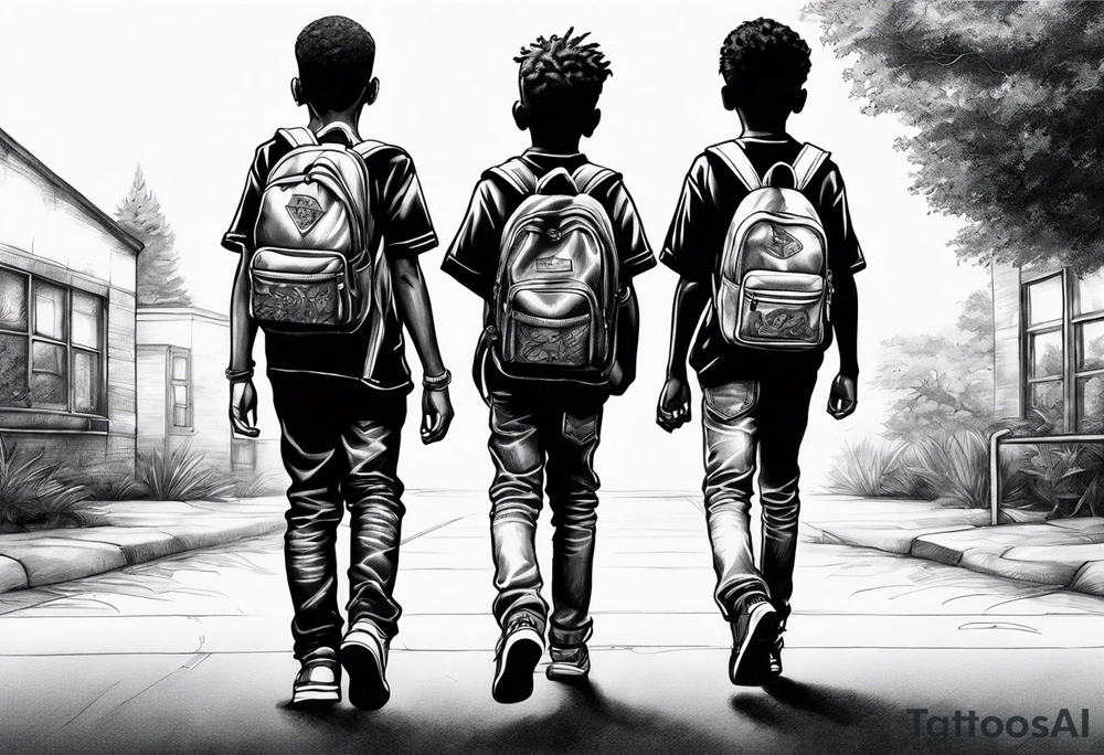 full bodies of 3 black school age boys walking away together and one is looking to the side at the one in the middle tattoo idea