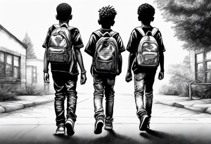 full bodies of 3 black school age boys walking away together and one is looking to the side at the one in the middle tattoo idea