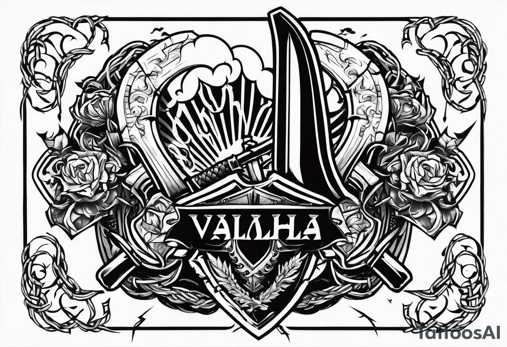 Valhalla sword round
shield axe barbed wire chains dark cloud lightning tattoo idea