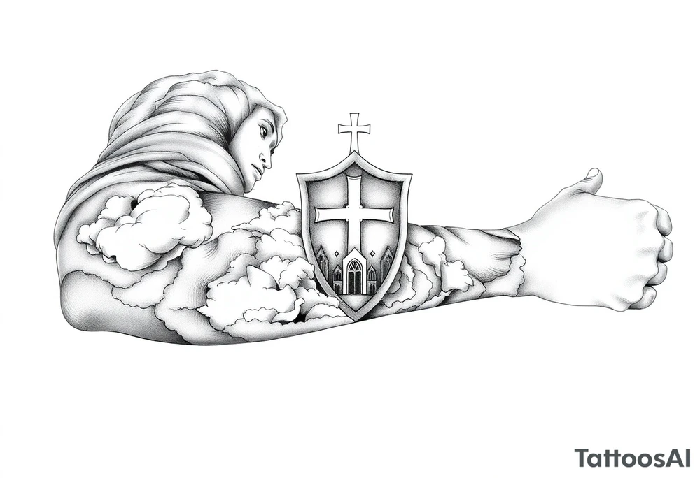 Half sleeve. powerful, cloud, shield, cross, sky, cathedral tattoo idea