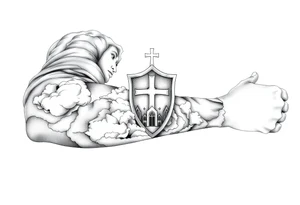 Half sleeve. powerful, cloud, shield, cross, sky, cathedral tattoo idea