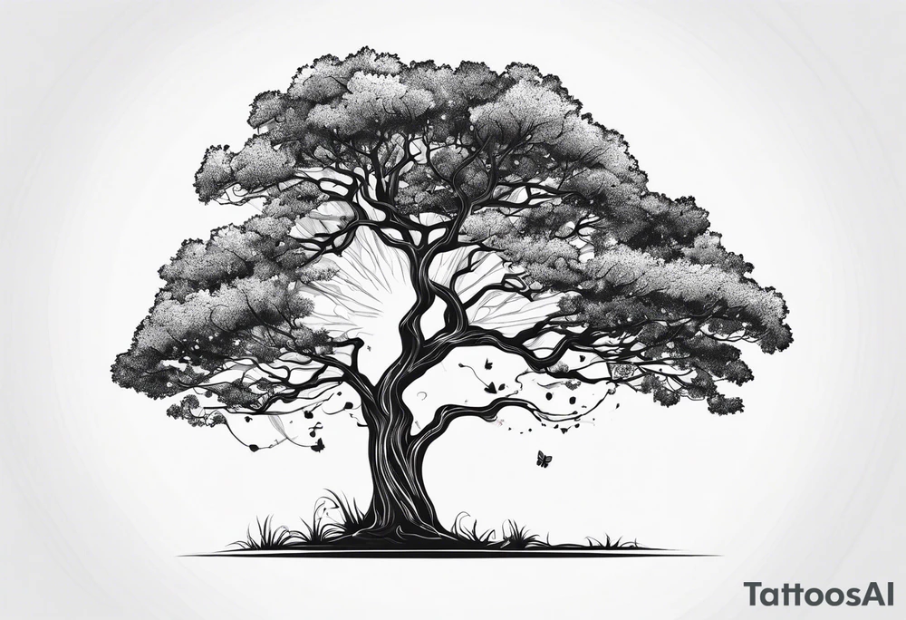 One line tattoo of oak tree with little gift at the bottom tattoo idea