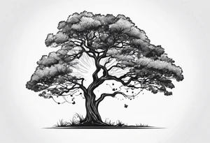 One line tattoo of oak tree with little gift at the bottom tattoo idea