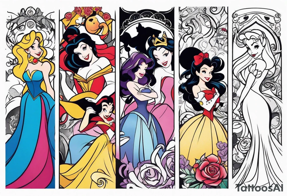 Disney princesses and Disney villains mixed together on an arm sleeve tattoo idea