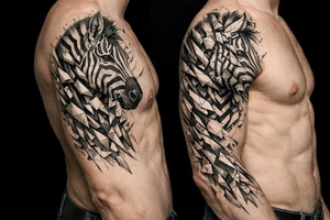 Hyperrealistic zebra head shattering into geometric shards across shoulder and chest. tattoo idea