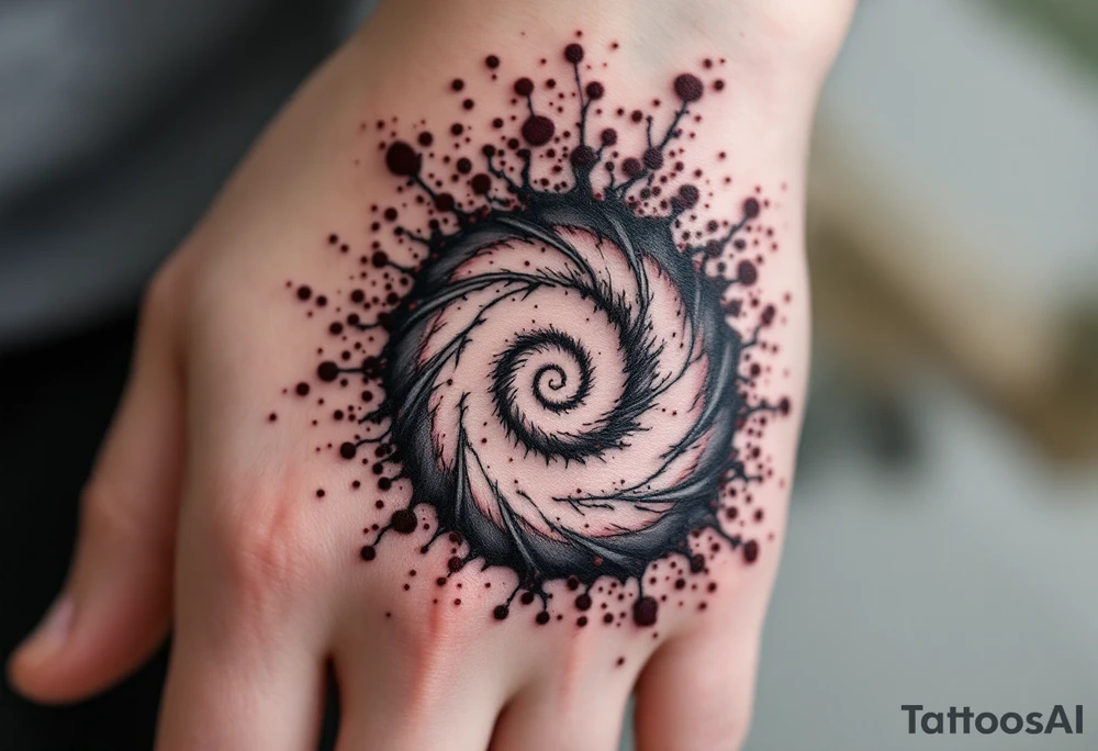 A smoke-gray spiral dissolving into specks of maroon, portraying release and change. tattoo idea