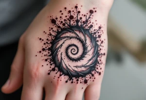 A smoke-gray spiral dissolving into specks of maroon, portraying release and change. tattoo idea