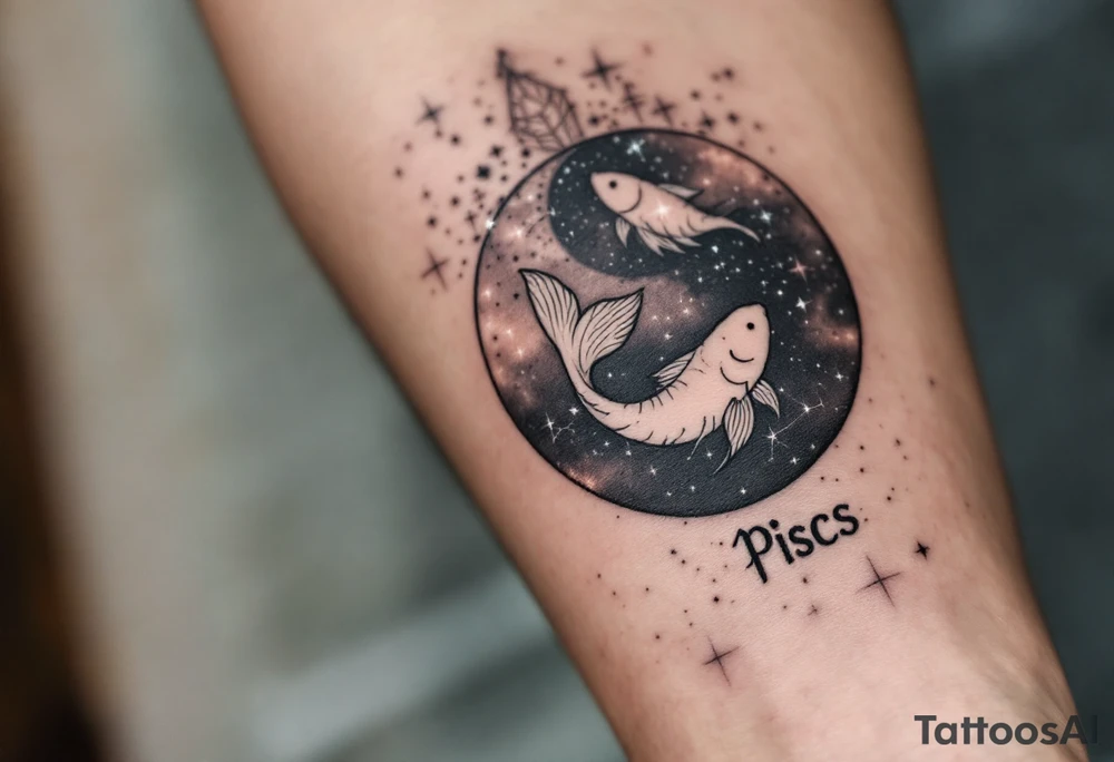The Pisces zodiac sign floats beneath a delicate constellation drawn in pearlescent ink over a night-sky backdrop. tattoo idea