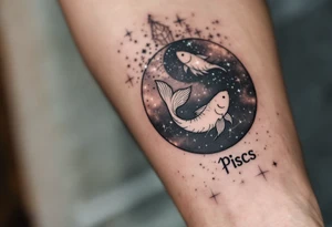The Pisces zodiac sign floats beneath a delicate constellation drawn in pearlescent ink over a night-sky backdrop. tattoo idea