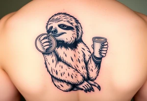 Sloth holding a bitcoin in one hand and coffee in the other hand with socks and slides on tattoo idea