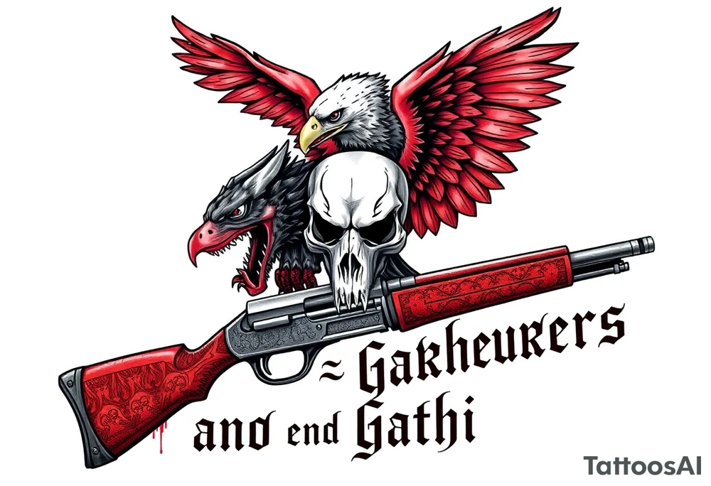 Rabid demon wolf dragon eagle skull on standing futuristic gun hatchet "hunters and gatherers"written in bloody olde English tattoo idea