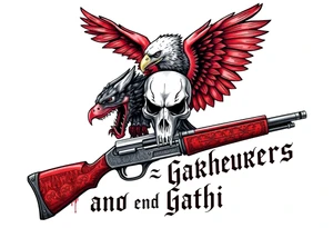 Rabid demon wolf dragon eagle skull on standing futuristic gun hatchet "hunters and gatherers"written in bloody olde English tattoo idea