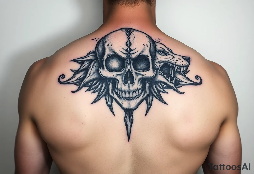 Diseño dividido: mitad rostro humano, mitad calavera, o mitad animal. tattoo idea