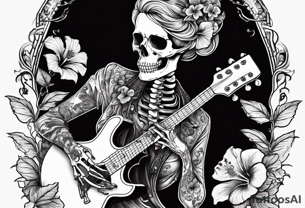 a female skeleton with hibiscus flower listening to a male skeleton play guitar . western style tattoo idea