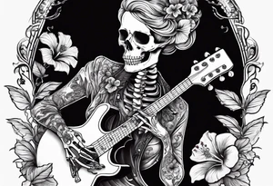 a female skeleton with hibiscus flower listening to a male skeleton play guitar . western style tattoo idea