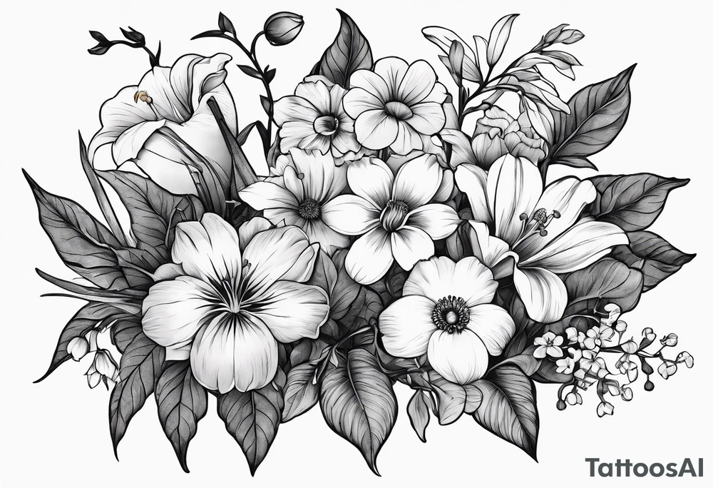 black and gray bunch of flowers with stems and leaves, three violets, one daffodil, five daisies, one rose, one morning glory, two marigolds, one chysanthemum tattoo idea