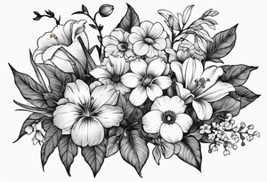 black and gray bunch of flowers with stems and leaves, three violets, one daffodil, five daisies, one rose, one morning glory, two marigolds, one chysanthemum tattoo idea
