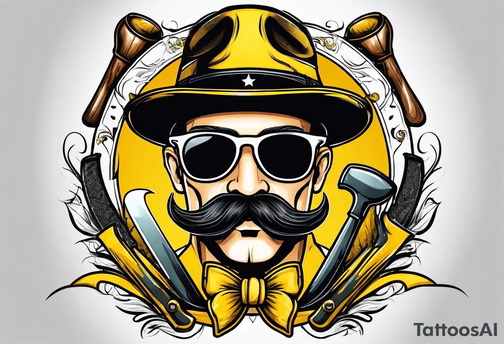 Attractive Male with yellow flat bill hat, mustache, round sunglasses, tools tattoo idea