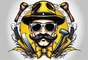 Attractive Male with yellow flat bill hat, mustache, round sunglasses, tools tattoo idea
