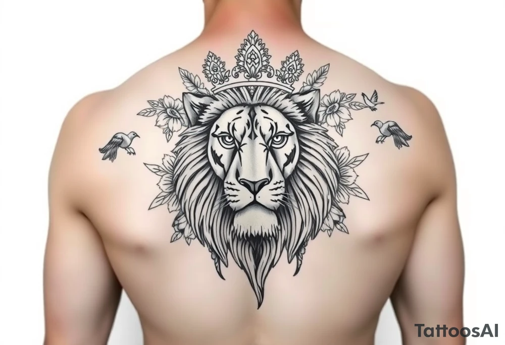 powerful majestic lion with a crown, surrounded by floral ornaments and birds tattoo idea