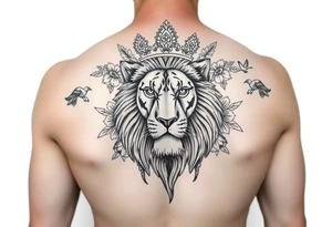 powerful majestic lion with a crown, surrounded by floral ornaments and birds tattoo idea